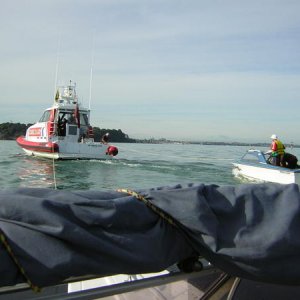 Being towed back by coastgaurd along with another boatie who had broken down. 
Our engine suffered overheat on one bank of V6