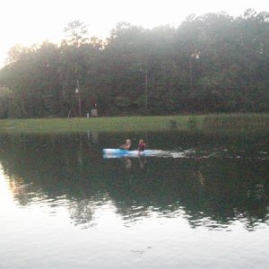 Beautiful view looking out from back deck of boat. watching Kadry and Haley Kayak.