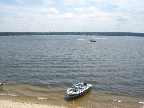 View down on the boat from the Dunes on Silver Lake, in Silver Lake MI!